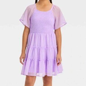 ART CLASS Purple Smocked Tiered Textured Dress Flutter Sleeves Large 10/12 NEW